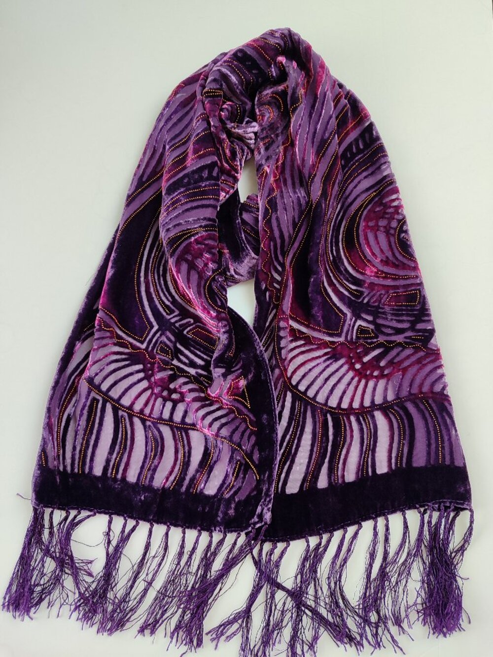 Vintage Luxury Purple Velvet Devore Fringe Scarf Gold Micro Beaded Chiffon Boho